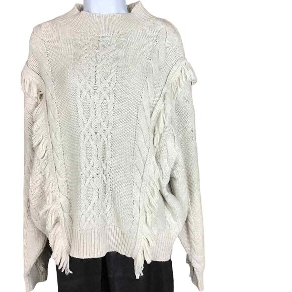 Leith Womens Sweater Small Beige Cream Cable Knit Fringe Mock Neck NWT - Picture 8 of 11